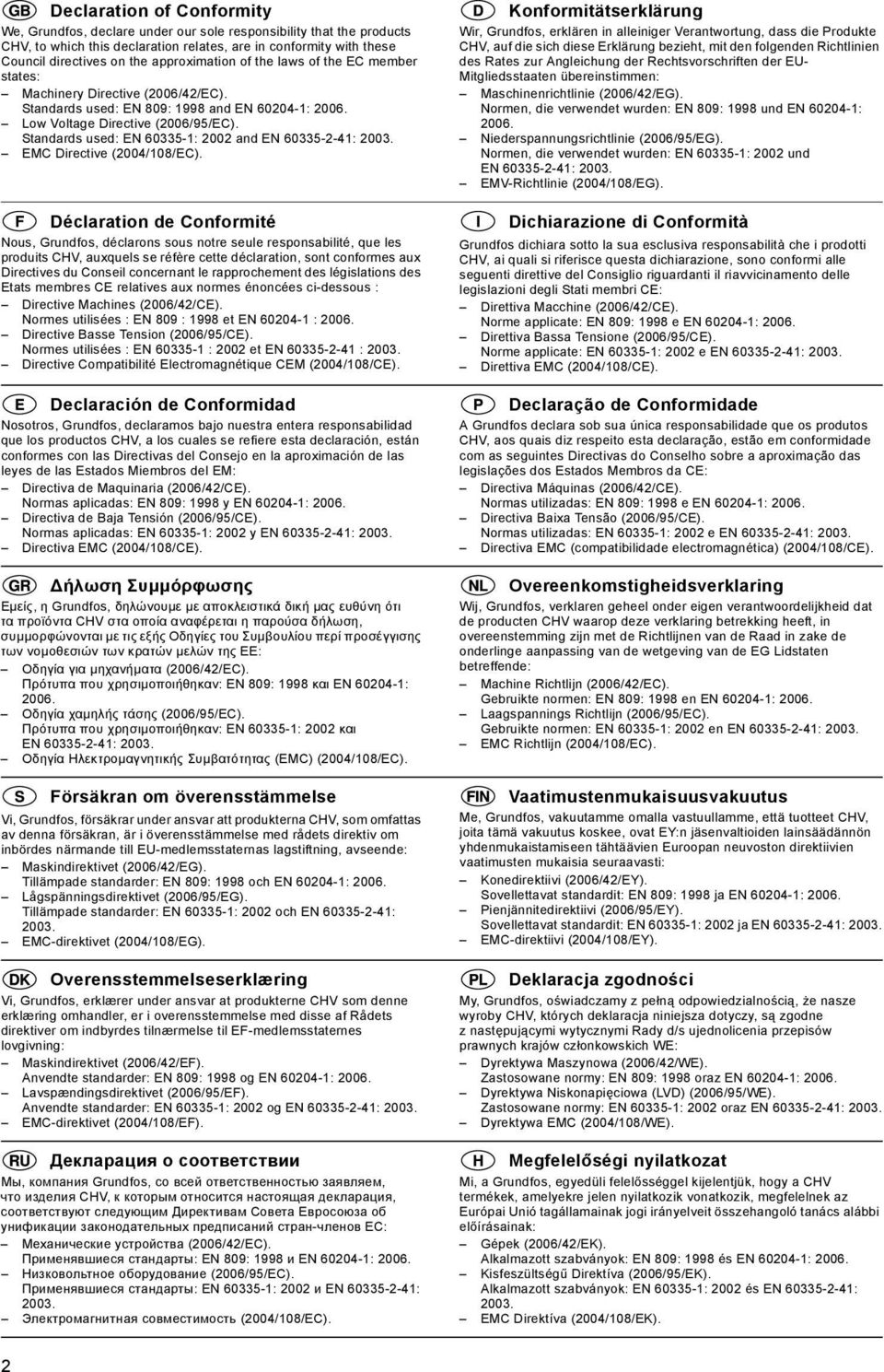 Standards used: EN 60335-1: 2002 and EN 60335-2-1: 2003. EMC Directive (200/108/EC).