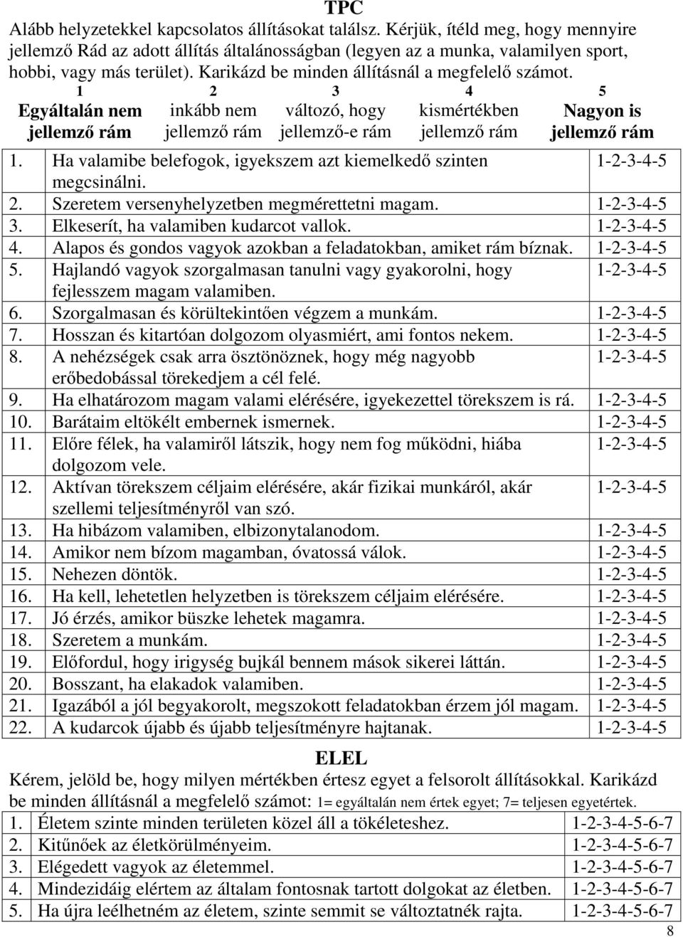 Ha valamibe belefogok, igyekszem azt kiemelkedő szinten 1-2-3-4-5 megcsinálni. 2. Szeretem versenyhelyzetben megmérettetni magam. 1-2-3-4-5 3. Elkeserít, ha valamiben kudarcot vallok. 1-2-3-4-5 4.