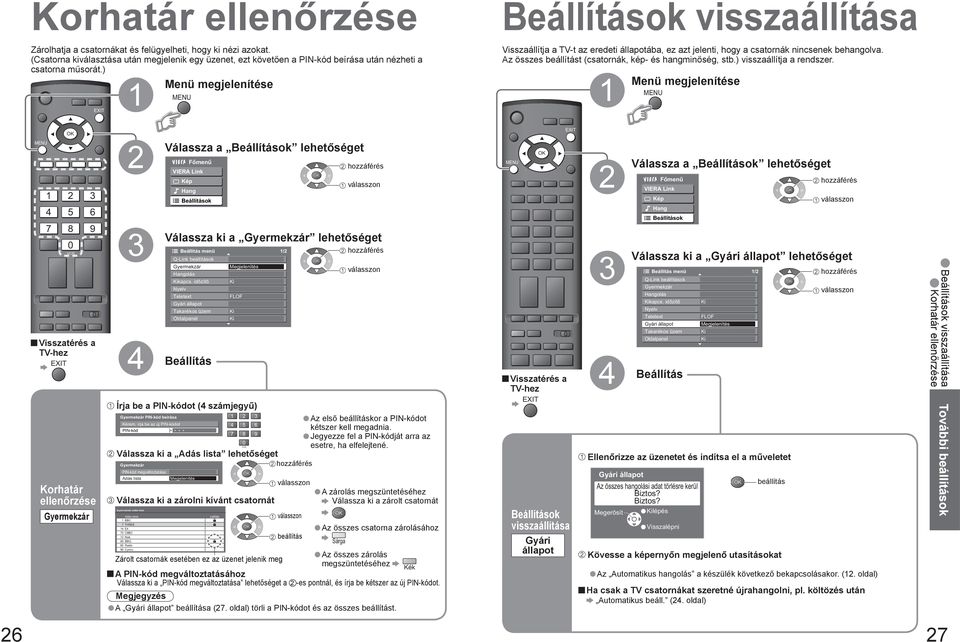 ) Visszaállítja a TV-t az eredeti állapotába, ez azt jelenti, hogy a csatornák nincsenek behangolva. Az összes beállítást (csatornák, kép- és hangminőség, stb.) visszaállítja a rendszer.