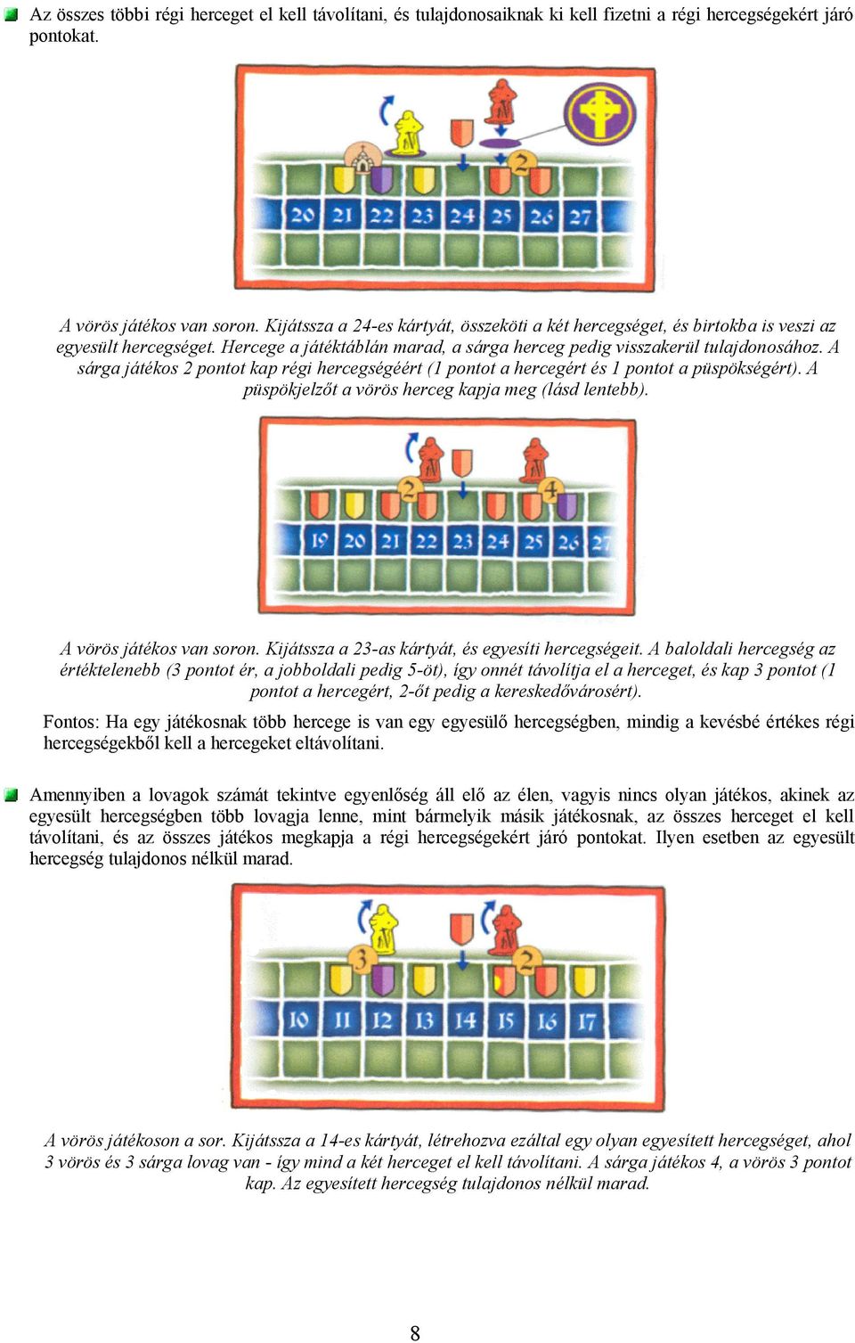 A sárga játékos 2 pontot kap régi hercegségéért (1 pontot a hercegért és 1 pontot a püspökségért). A püspökjelzőt a vörös herceg kapja meg (lásd lentebb). A vörös játékos van soron.