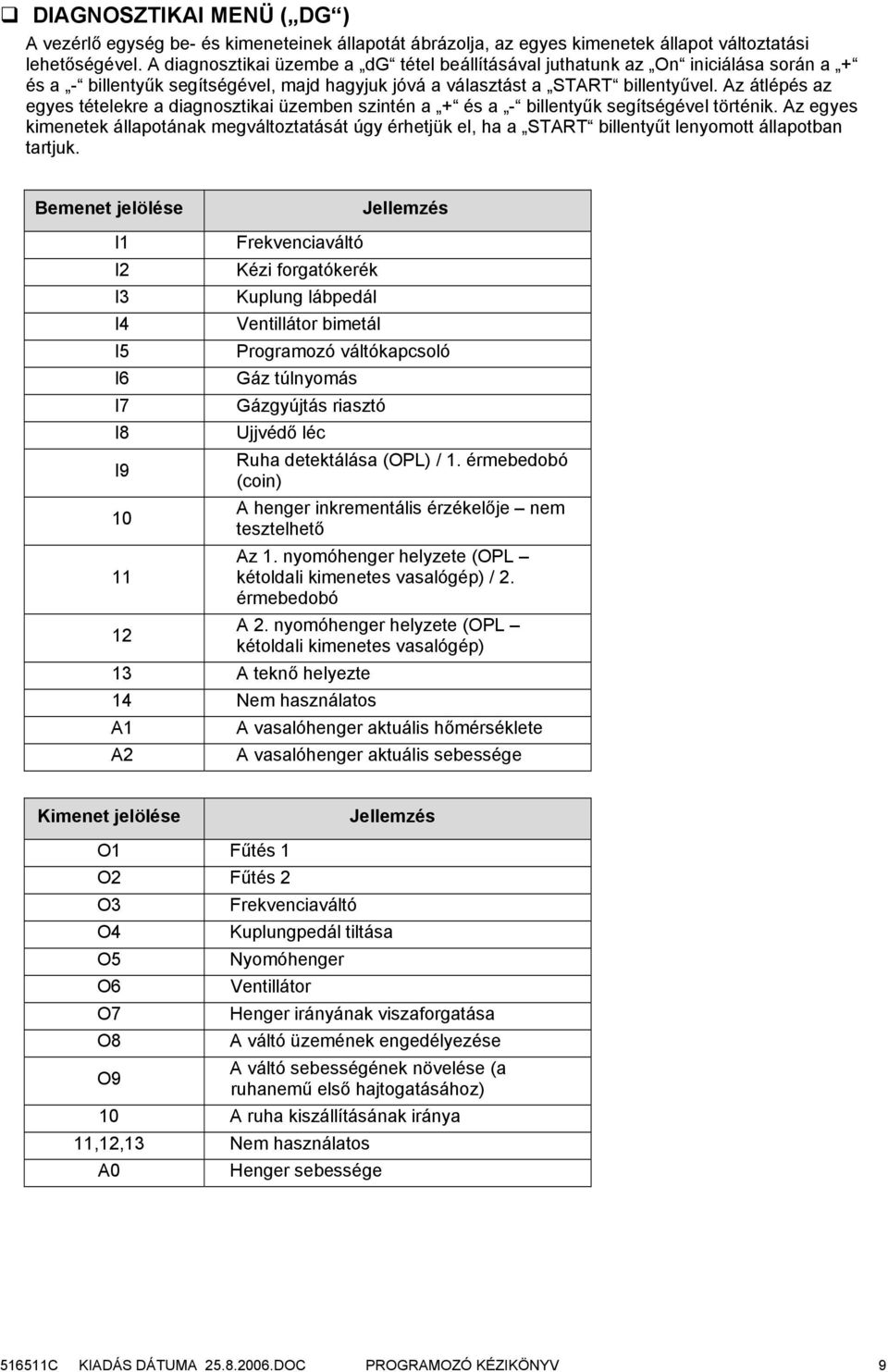 Az átlépés az egyes tételekre a diagnosztikai üzemben szintén a + és a - billentyűk segítségével történik.