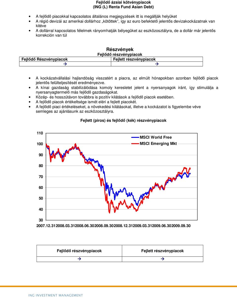 Részvények Fejlıdı részvénypiacok Fejlett részvénypiacok A kockázatvállalási hajlandóság visszatért a piacra, az elmúlt hónapokban azonban fejlıdı piacok jelentıs felülteljesítését eredményezve.