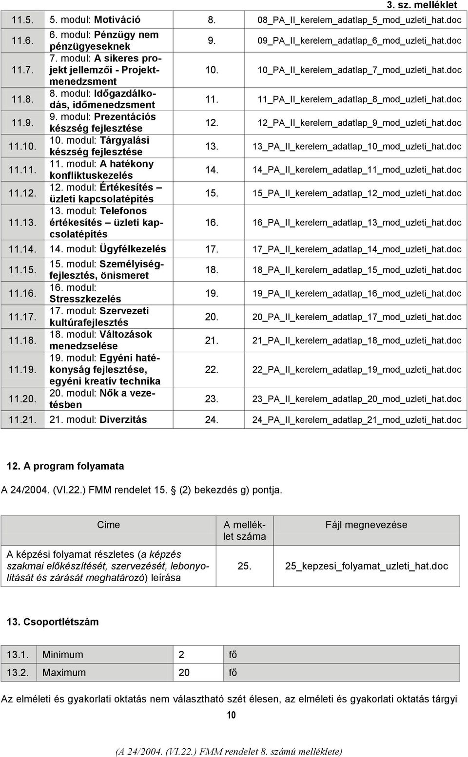 modul: A hatékony konfliktuskezelés 12. modul: Értékesítés üzleti kapcsolatépítés 13. modul: Telefonos értékesítés üzleti kapcsolatépítés 9. 09_PA_II_kerelem_adatlap_6_mod_uzleti_hat.doc 10.