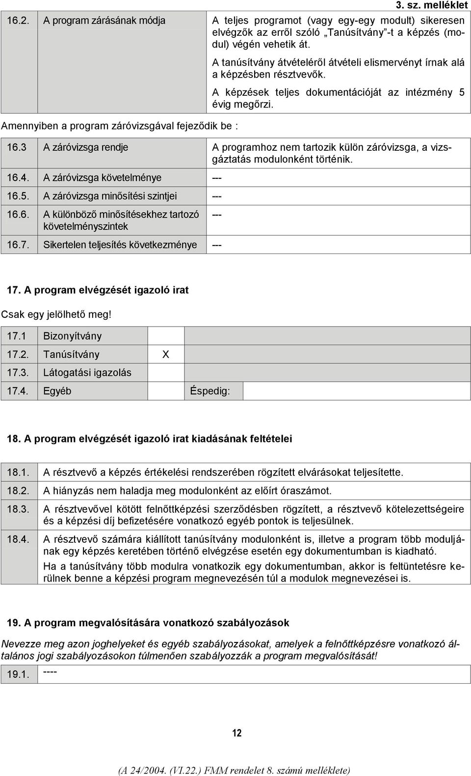 3 A záróvizsga rendje A programhoz nem tartozik külön záróvizsga, a vizsgáztatás modulonként történik. 16.4. A záróvizsga követelménye --- 16.5. A záróvizsga minősítési szintjei --- 16.6. A különböző minősítésekhez tartozó követelményszintek --- 16.