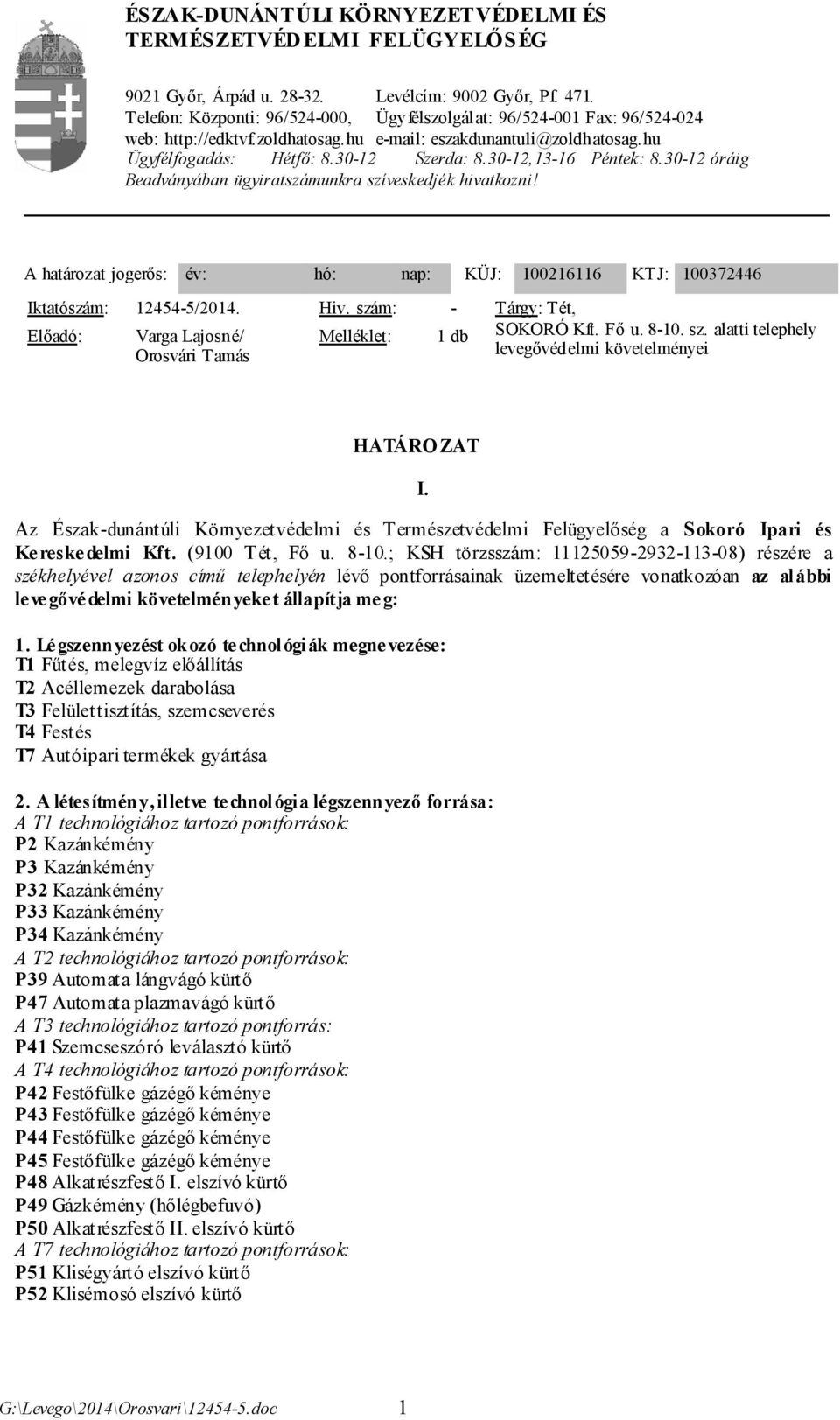 30-12,13-16 Péntek: 8.30-12 óráig Beadványában ügyiratszámunkra szíveskedjék hivatkozni! A határozat jogerős: év: hó: nap: KÜJ: 100216116 KTJ: 100372446 Iktatószám: 12454-5/2014. Hiv.