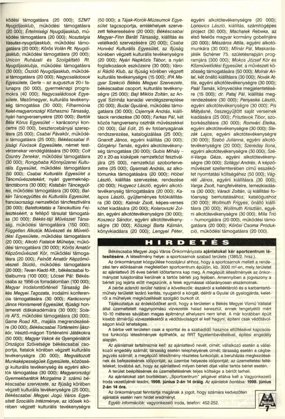 (20 000); Körös Volán Rt. Nyugdí jasklub, működési támogatásra (20 000); Unicon Ruházati és Szolgáltató Rt.