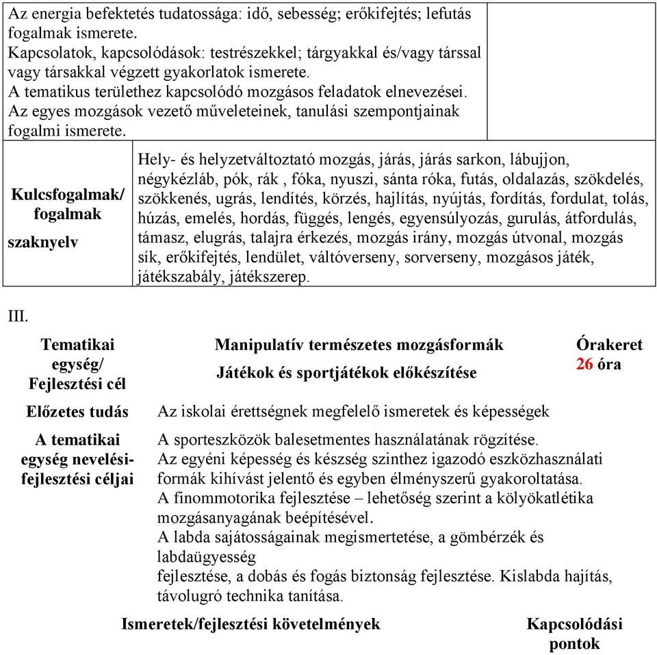 Az egyes mozgások vezető műveleteinek, tanulási szempontjainak fogalmi ismerete. Kulcsfogalmak/ fogalmak szaknyelv III.