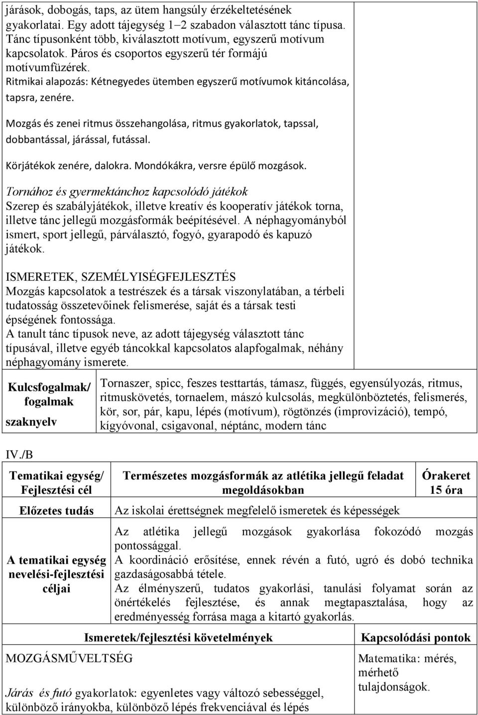 Ritmikai alapozás: Kétnegyedes ütemben egyszerű motívumok kitáncolása, tapsra, zenére. Mozgás és zenei ritmus összehangolása, ritmus gyakorlatok, tapssal, dobbantással, járással, futással.