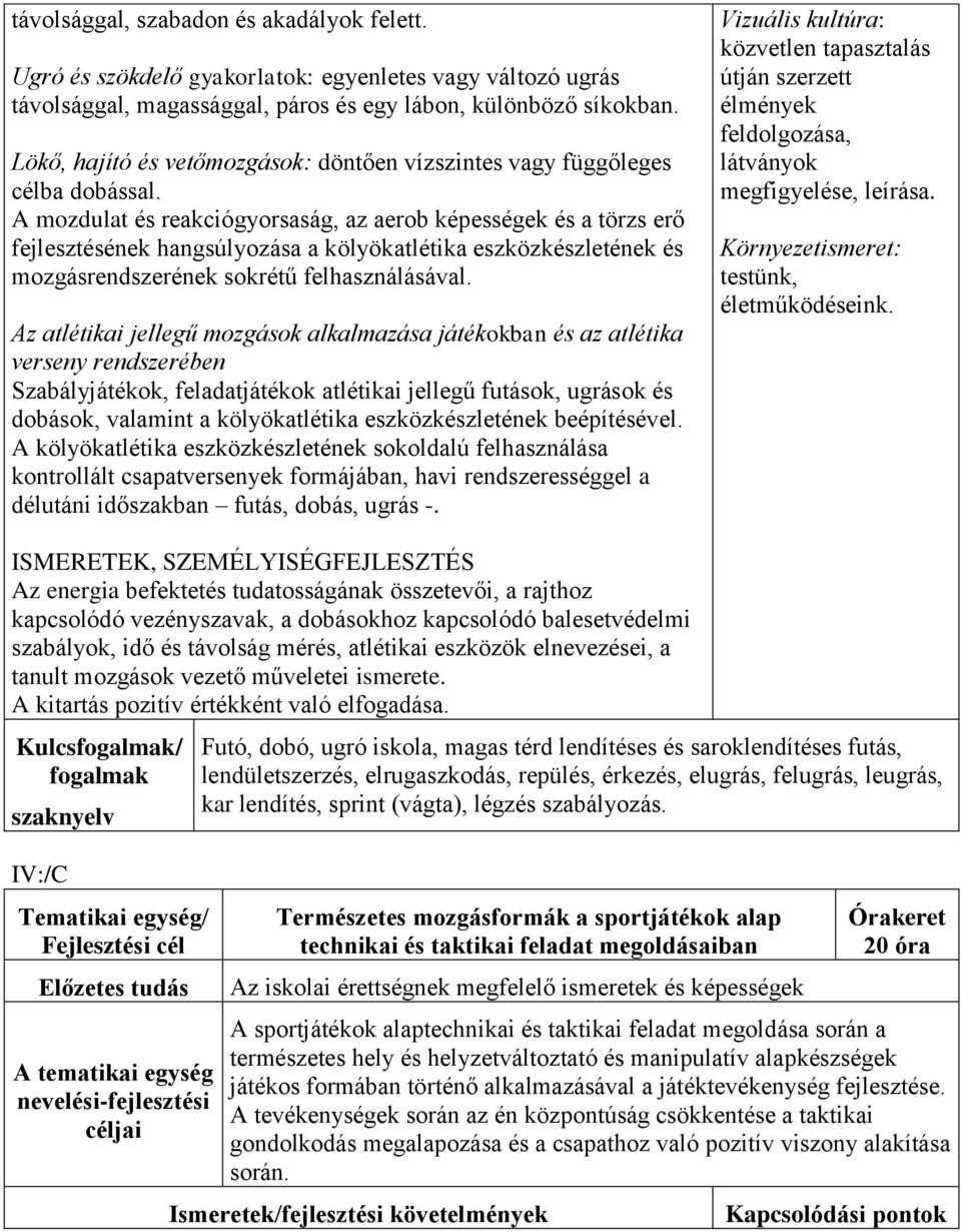 A mozdulat és reakciógyorsaság, az aerob képességek és a törzs erő fejlesztésének hangsúlyozása a kölyökatlétika eszközkészletének és mozgásrendszerének sokrétű felhasználásával.