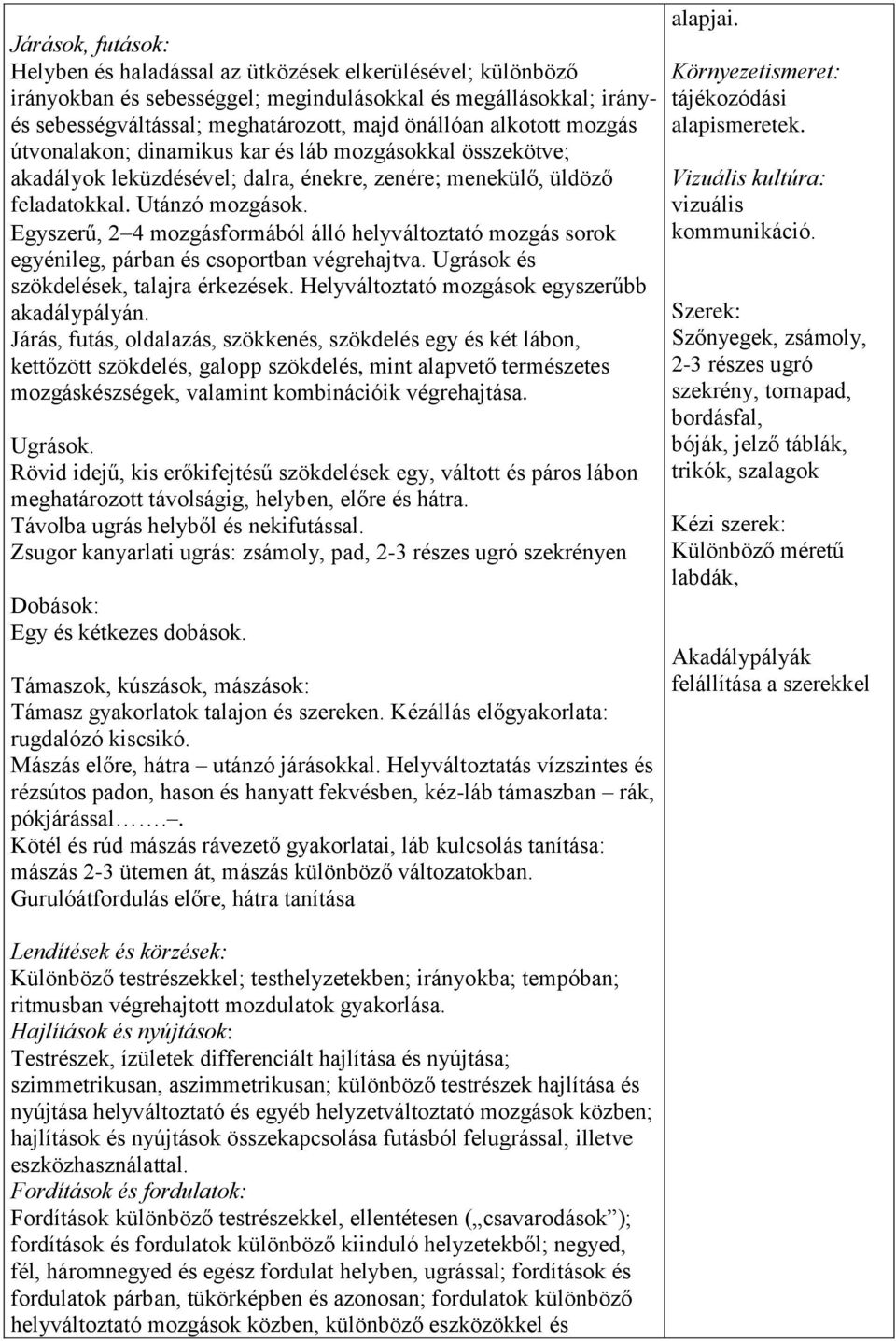 Egyszerű, 2 4 mozgásformából álló helyváltoztató mozgás sorok egyénileg, párban és csoportban végrehajtva. Ugrások és szökdelések, talajra érkezések. Helyváltoztató mozgások egyszerűbb akadálypályán.