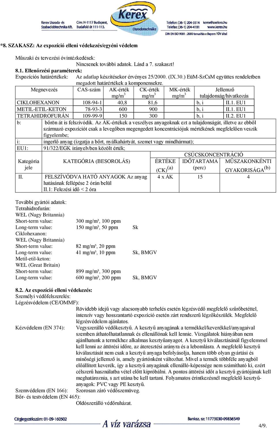 Megnevezés CAS-szám AK-érték CK-érték MK-érték Jellemző mg/m 3 mg/m 3 mg/m 3 tulajdonság/hivatkozás CIKLOHEXANON 108-94-1 40,8 81,6 b, i II.1. EU1 METIL-ETIL-KETON 78-93-3 600 900 b, i II.1. EU1 TETRAHIDROFURÁN 109-99-9 150 300 b, i II.