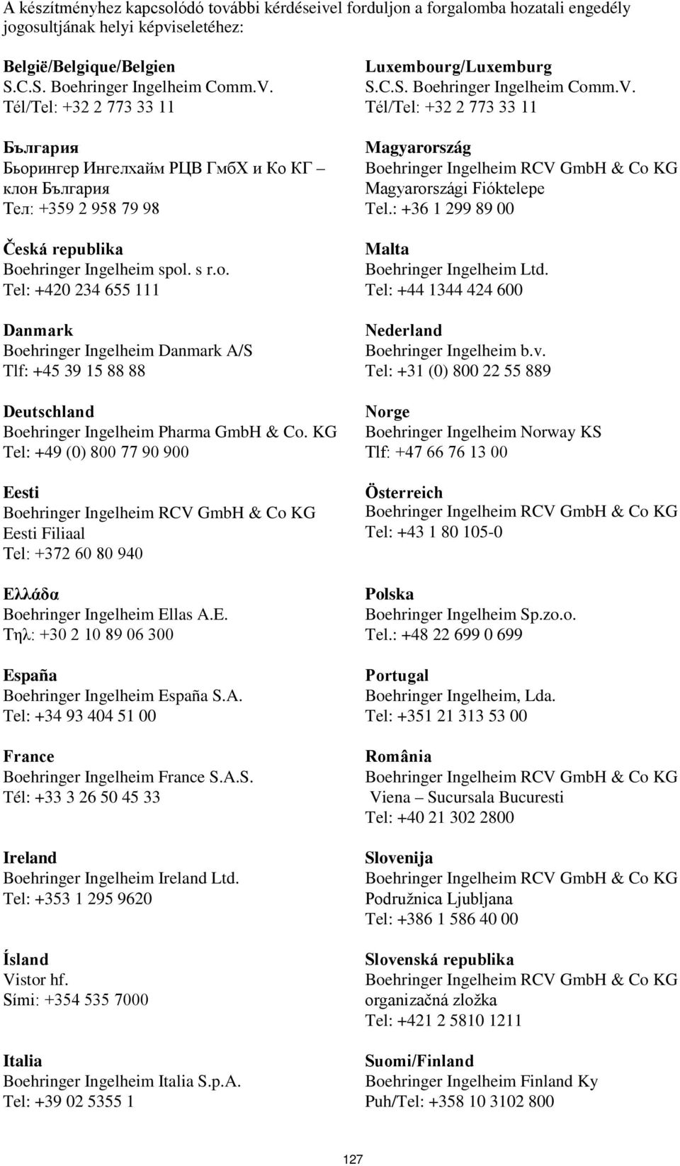 hringer Ingelheim spol. s r.o. Tel: +420 234 655 111 Danmark Boehringer Ingelheim Danmark A/S Tlf: +45 39 15 88 88 Deutschland Boehringer Ingelheim Pharma GmbH & Co.