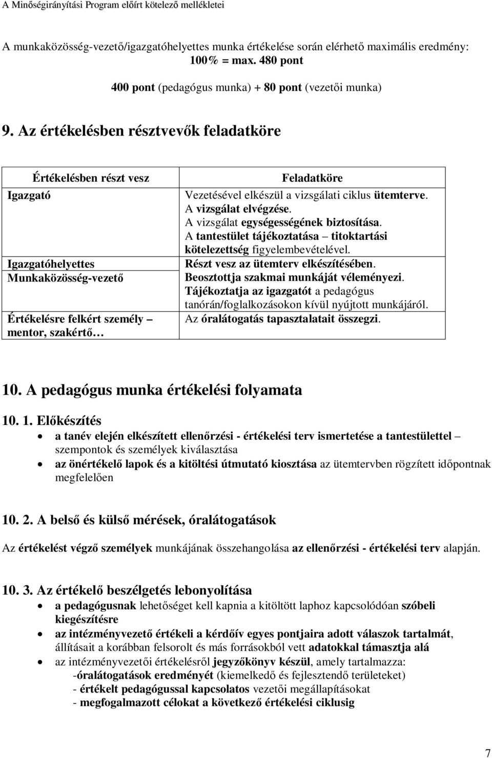 Az értékelésben résztvevők feladatköre Igazgató Értékelésben részt vesz Igazgatóhelyettes Munkaközösség-vezető Értékelésre felkért személy mentor, szakértő Feladatköre Vezetésével elkészül a