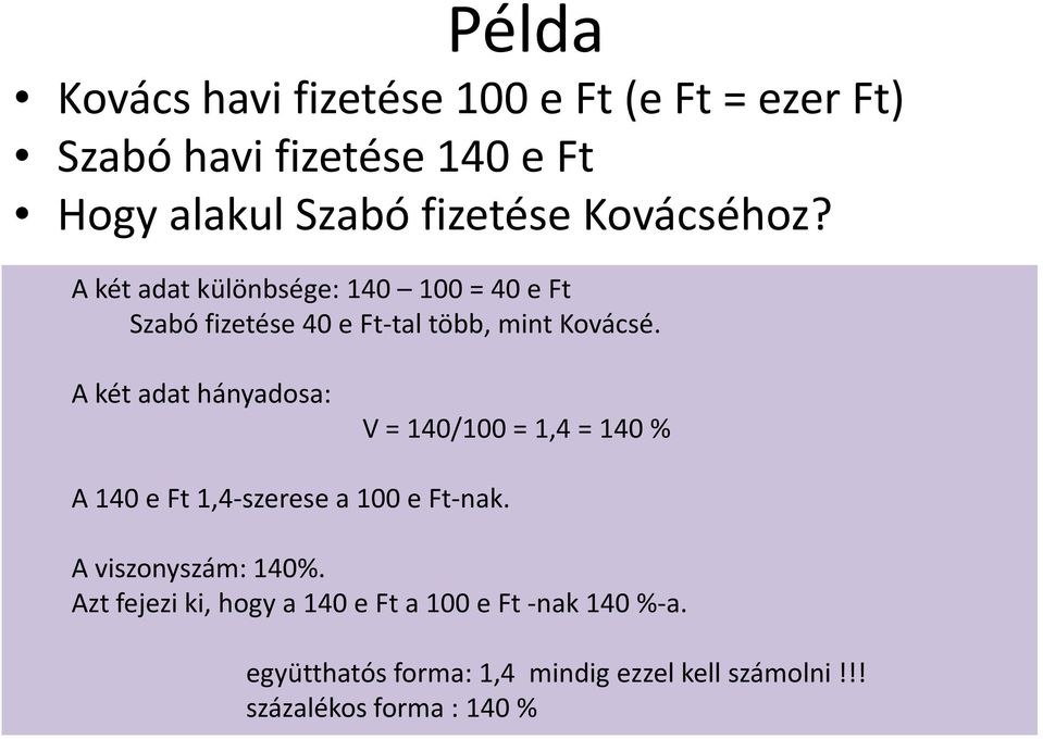 A két adat hányadosa: V = 140/100 = 1,4 = 140 % A 140 e Ft 1,4-szerese a 100 e Ft-nak. A viszonyszám: 140%.