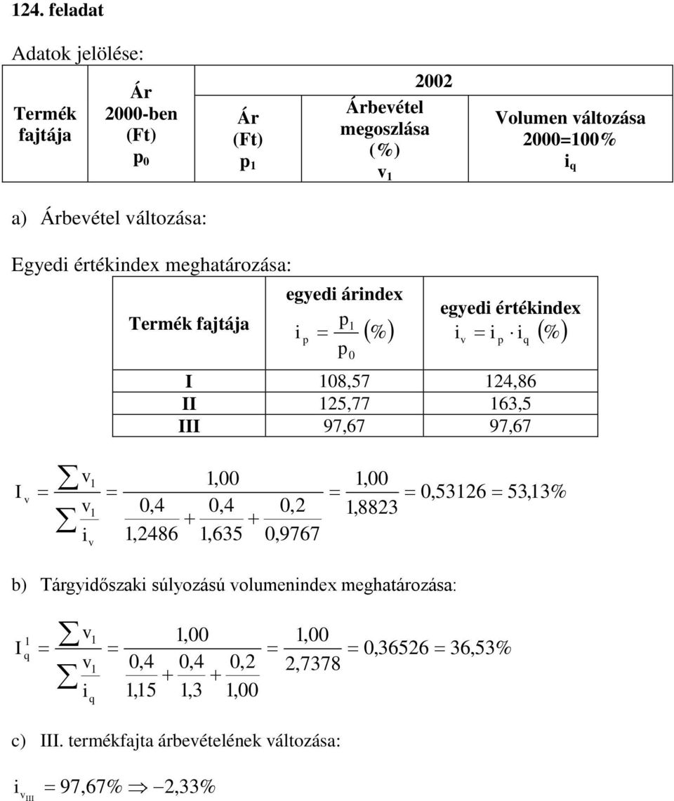 i % 8,57 4,86 5,77 63,5 97,67 97,67 ( ) i,4,486,,4 + +,635,,9767,,883,536 53,3% b) Tárgyidőszaki súlyozású