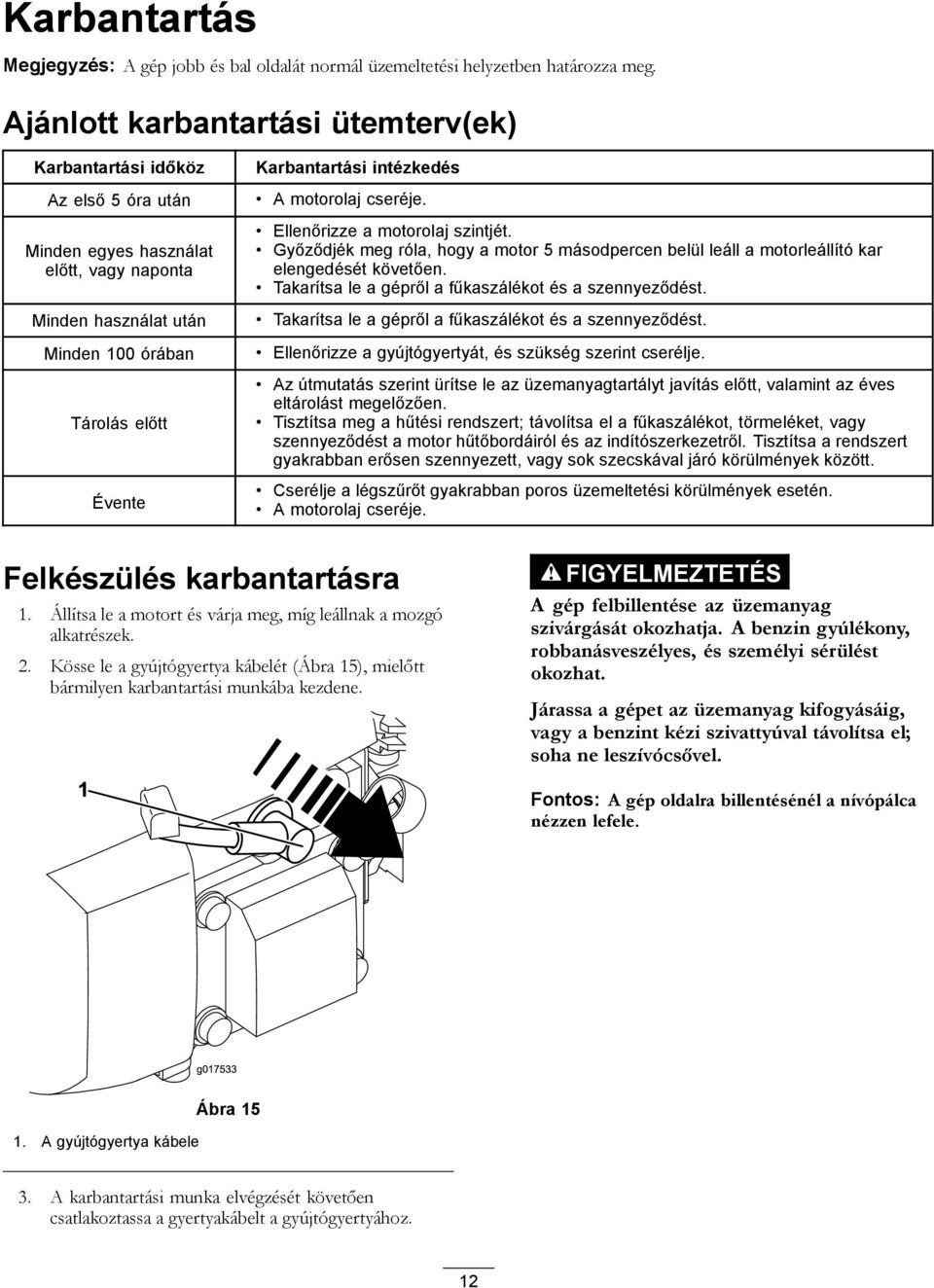 intézkedés A motorolaj cseréje. Ellenőrizze a motorolaj szintjét. Győződjék meg róla, hogy a motor 5 másodpercen belül leáll a motorleállító kar elengedését követően.