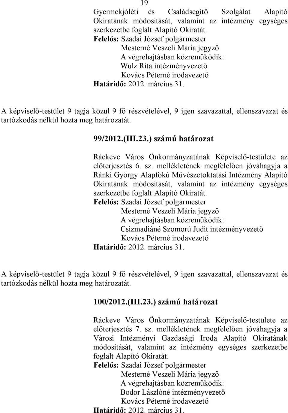 ) számú határozat Ráckeve Város Önkormányzatának Képviselő-testülete az előterjesztés 6. sz. mellékletének megfelelően jóváhagyja a Ránki György Alapfokú Művészetoktatási Intézmény Alapító Okiratának módosítását, valamint az intézmény egységes szerkezetbe foglalt Alapító Okiratát.