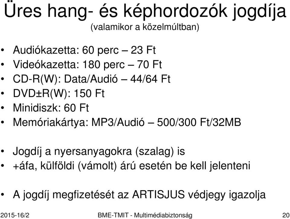 Memóriakártya: MP3/Audió 500/300 Ft/32MB Jogdíj a nyersanyagokra (szalag) is +áfa, külföldi (vámolt)