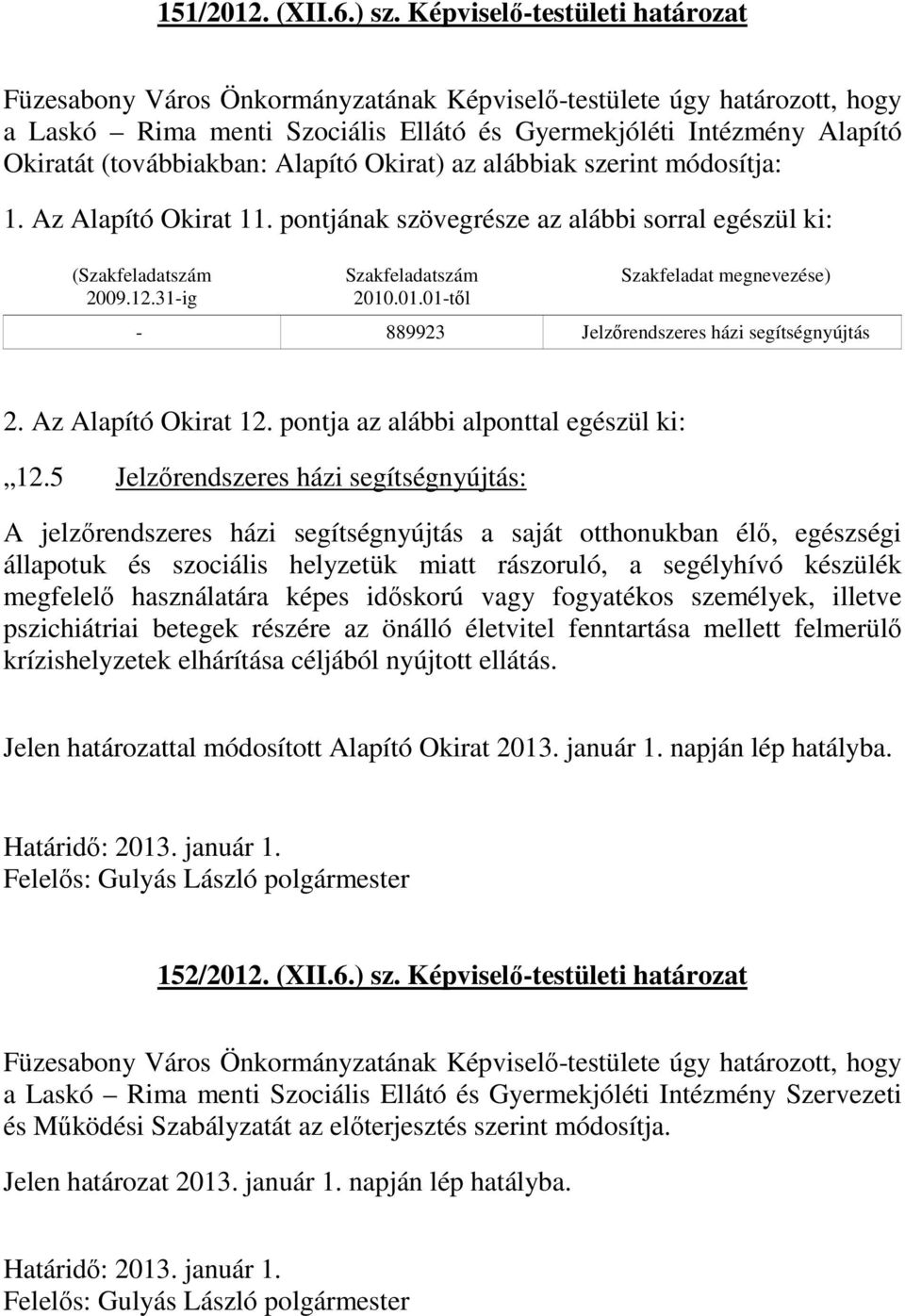 .01.01-től Szakfeladat megnevezése) - 889923 Jelzőrendszeres házi segítségnyújtás 2. Az Alapító Okirat 12. pontja az alábbi alponttal egészül ki: 12.