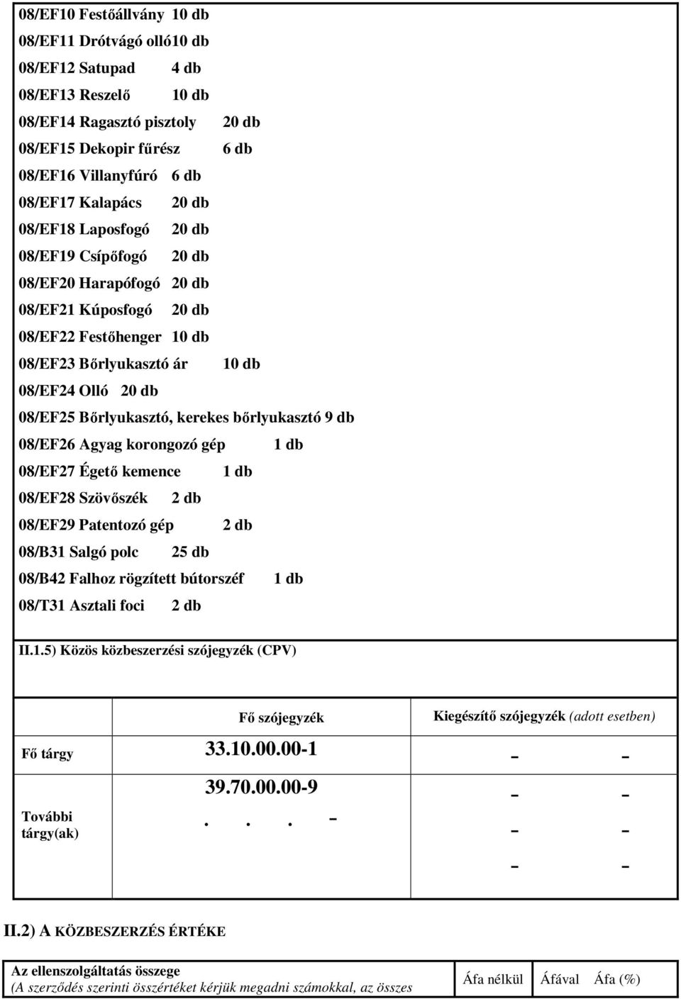 kerekes bőrlyukasztó 9 db 08/EF26 Agyag korongozó gép 1 db 08/EF27 Égető kemence 1 db 08/EF28 Szövőszék 2 db 08/EF29 Patentozó gép 2 db 08/B31 Salgó polc 25 db 08/B42 Falhoz rögzített bútorszéf 1 db