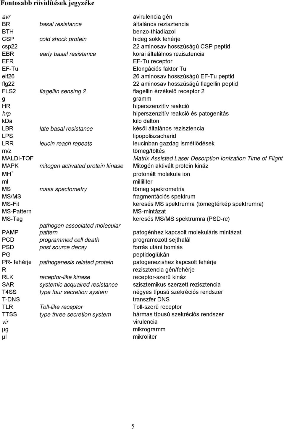 flagellin sensing 2 flagellin érzékelő receptor 2 g gramm HR hiperszenzitív reakció hrp hiperszenzitív reakció és patogenitás kda kilo dalton LBR late basal resistance késői általános rezisztencia