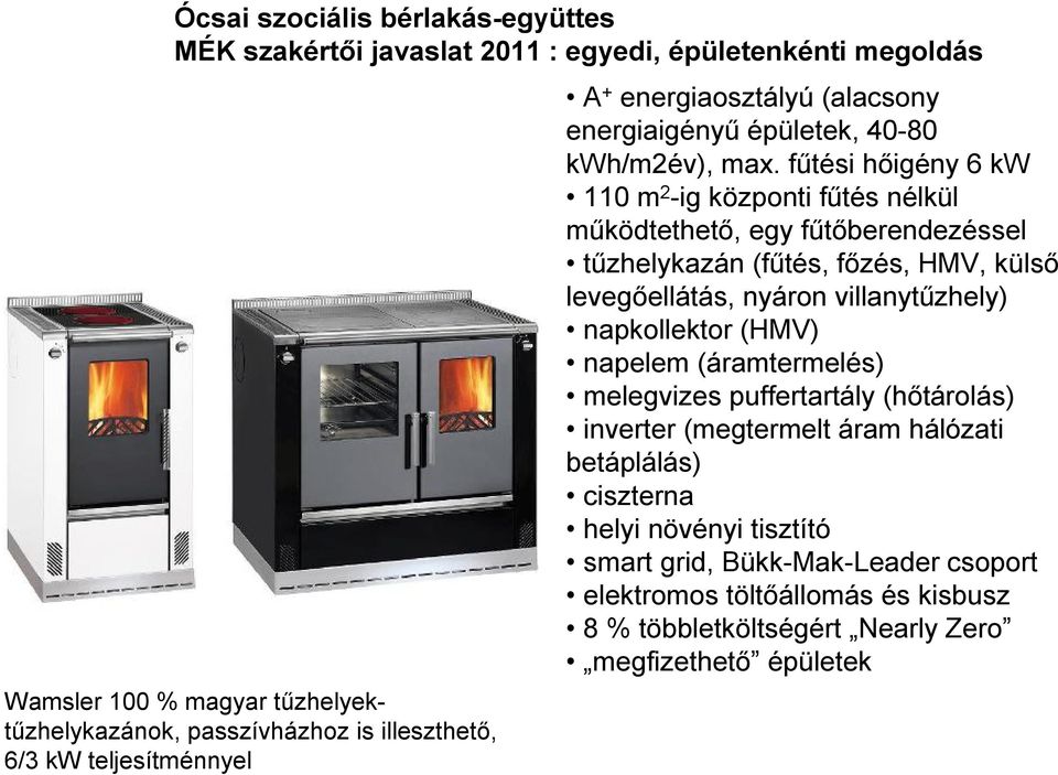 fűtési hőigény 6 kw 110 m 2 -ig központi fűtés nélkül működtethető, egy fűtőberendezéssel tűzhelykazán (fűtés, főzés, HMV, külső levegőellátás, nyáron villanytűzhely) napkollektor