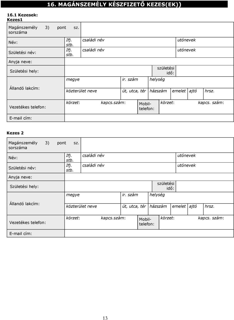 szám: E-mail cím: Kezes 2 Magánszemély 3) pont sz. sorszáma Név: Születési név: Anyja neve: Születési hely: Ifj. stb. Ifj. stb. családi név családi név megye ir.  szám: E-mail cím: 13