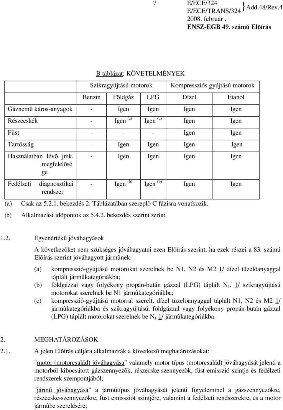 megfelelõsé ge Fedélzeti (a) (b) diagnosztikai rendszer - Igen Igen Igen Igen - Igen (b) Igen (b) Igen Igen Csak az 5.2.1. bekezdés 2. Táblázatában szereplõ C fázisra vonatkozik.