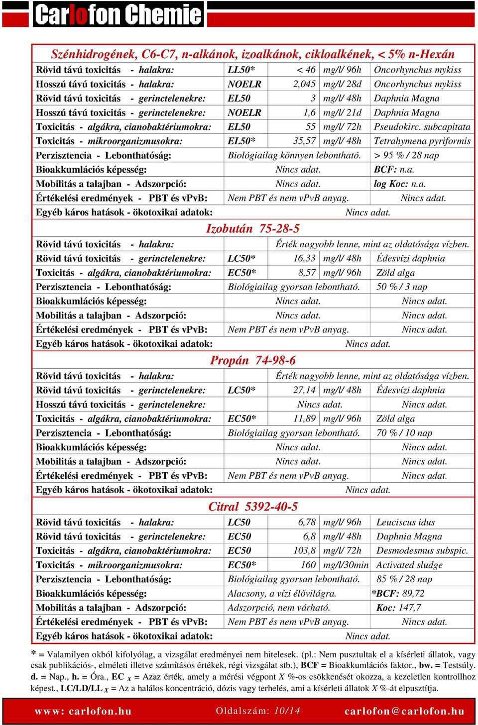 cianobaktériumokra: EL50 55 mg/l/ 72h Pseudokirc.