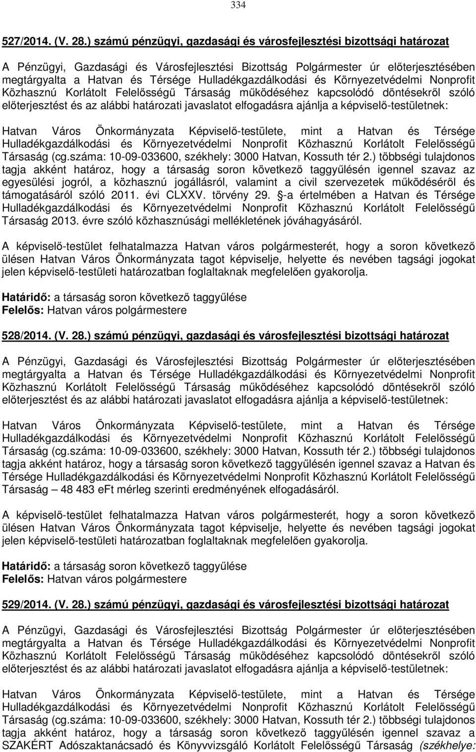 működéséhez kapcsolódó döntésekről szóló előterjesztést és az alábbi határozati javaslatot elfogadásra ajánlja a képviselő-testületnek: Hatvan Város Önkormányzata Képviselő-testülete, mint a Hatvan