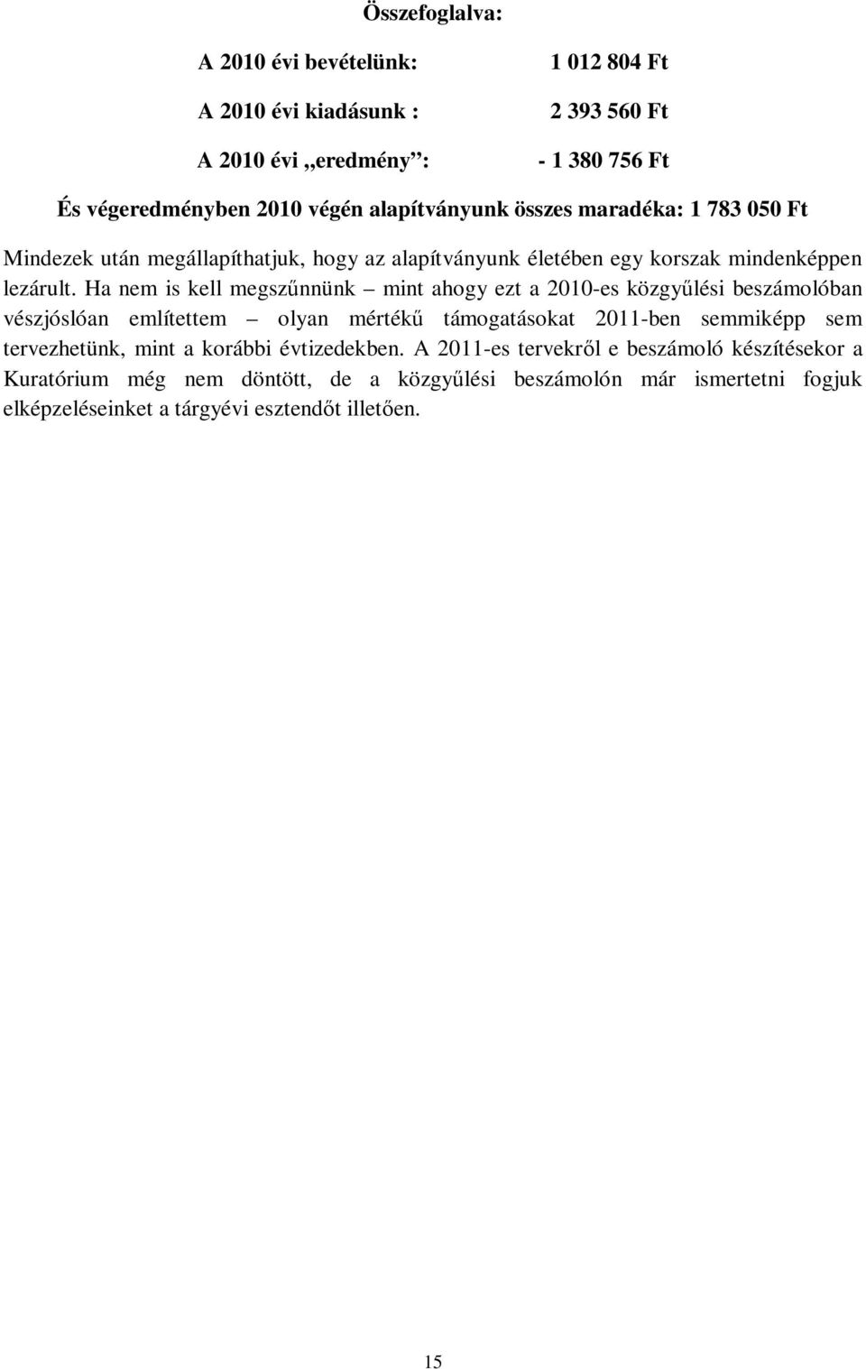 Ha nem is kell megszűnnünk mint ahogy ezt a 2010-es közgyűlési beszámolóban vészjóslóan említettem olyan mértékű támogatásokat 2011-ben semmiképp sem tervezhetünk,