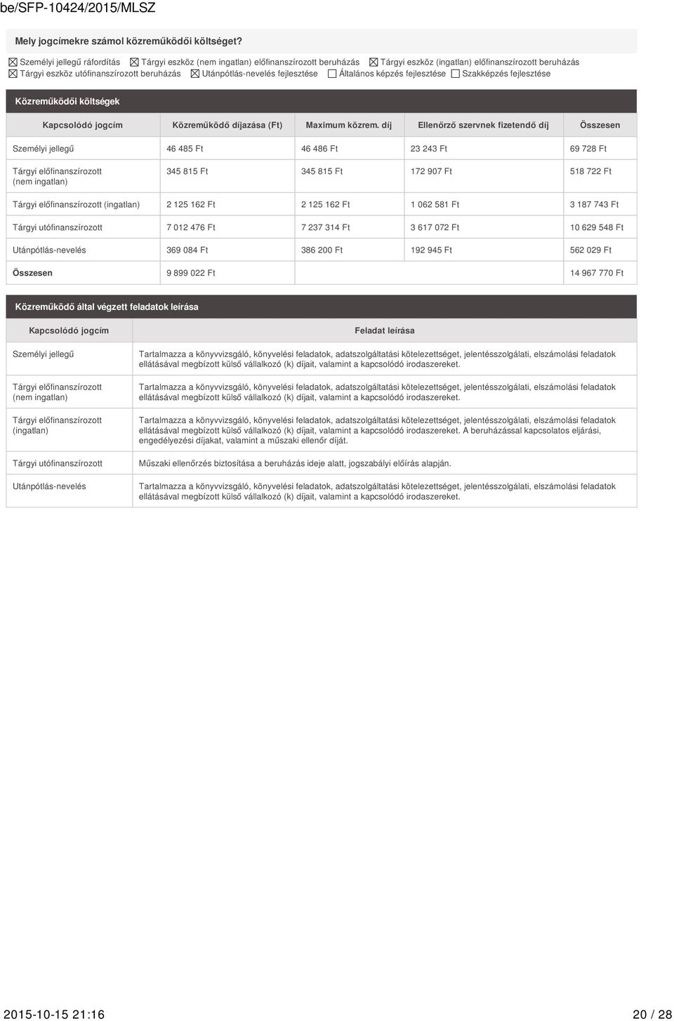 fejlesztése Általános képzés fejlesztése Szakképzés fejlesztése Közreműködői költségek Kapcsolódó jogcím Közreműködő díjazása () Maximum közrem.