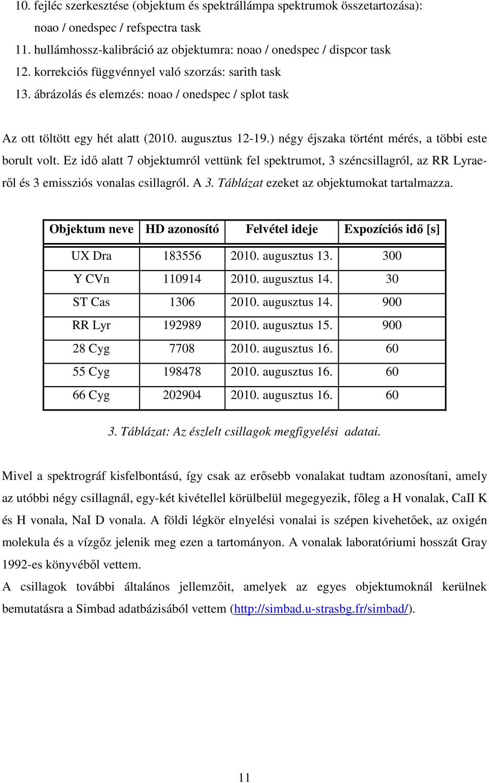 ) négy éjszaka történt mérés, a többi este borult volt. Ez idő alatt 7 objektumról vettünk fel spektrumot, 3 széncsillagról, az RR Lyraeről és 3 emissziós vonalas csillagról. A 3.