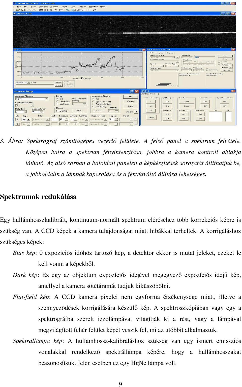 Spektrumok redukálása Egy hullámhosszkalibrált, kontinuum-normált spektrum eléréséhez több korrekciós képre is szükség van. A CCD képek a kamera tulajdonságai miatt hibákkal terheltek.