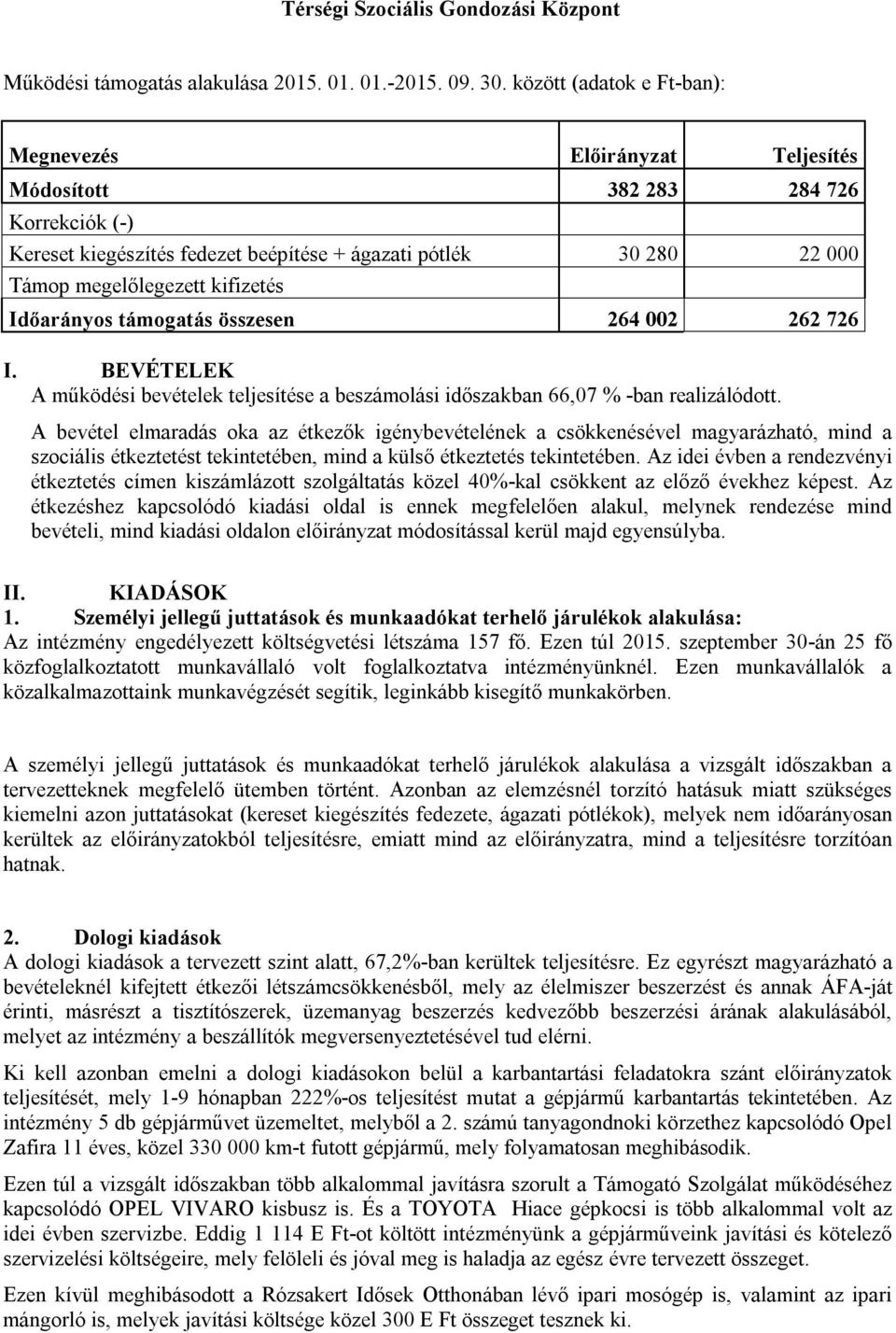 kifizetés Időarányos támogatás összesen 264 002 262 726 I. BEVÉTELEK A működési bevételek teljesítése a beszámolási időszakban 66,07 % -ban realizálódott.