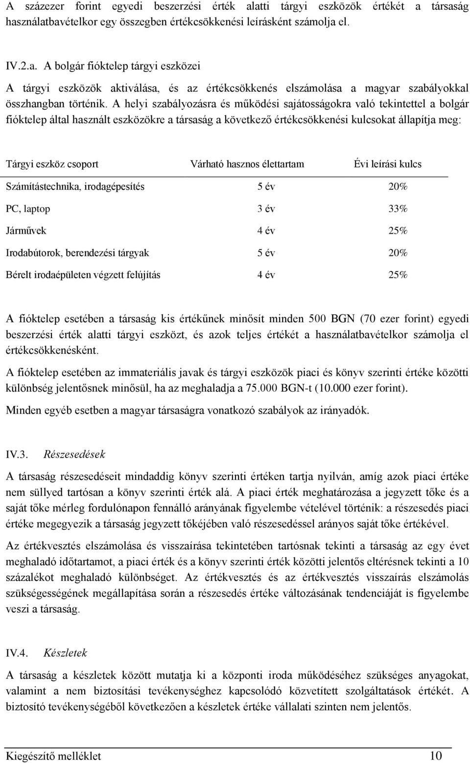 Várható hasznos élettartam Évi leírási kulcs Számítástechnika, irodagépesítés 5 év 20% PC, laptop 3 év 33% Járművek 4 év 25% Irodabútorok, berendezési tárgyak 5 év 20% Bérelt irodaépületen végzett