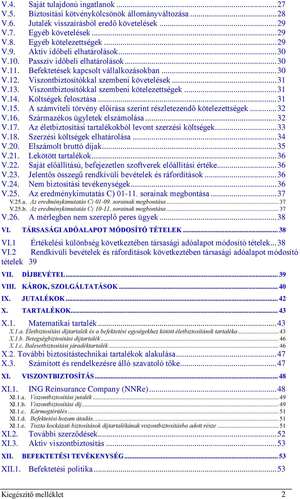 Viszontbiztosítókkal szembeni kötelezettségek... 31 V.14. Költségek felosztása... 31 V.15. A számviteli törvény előírása szerint részletezendő kötelezettségek... 32 V.16.