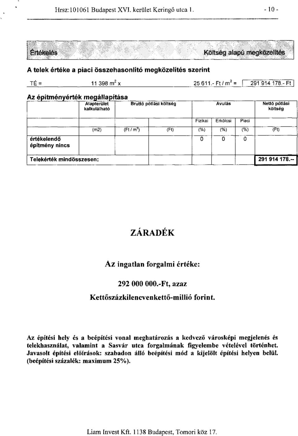 0 0 0 Telekérték mindösszesen: 291 914178.- ZÁRADÉK Az ingatlan forgalmi értéke: 292 000 OOO.-Ft, azaz Kettőszázkilencvenkettő-millió forint.