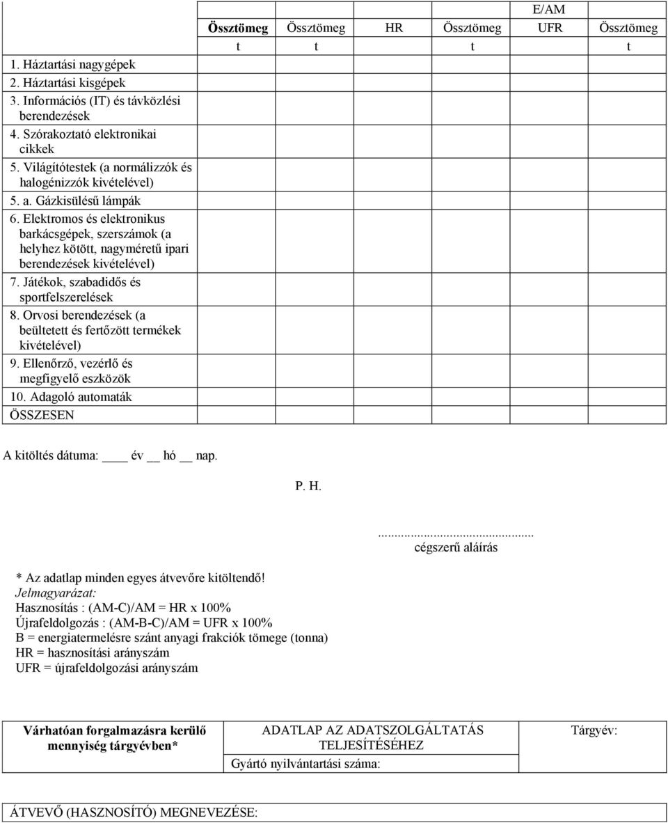 Adagoló automaták E/AM Össztömeg Össztömeg HR Össztömeg UFR Össztömeg t t t t A kitöltés dátuma: év hó nap. * Az adatlap minden egyes átvevőre kitöltendő!