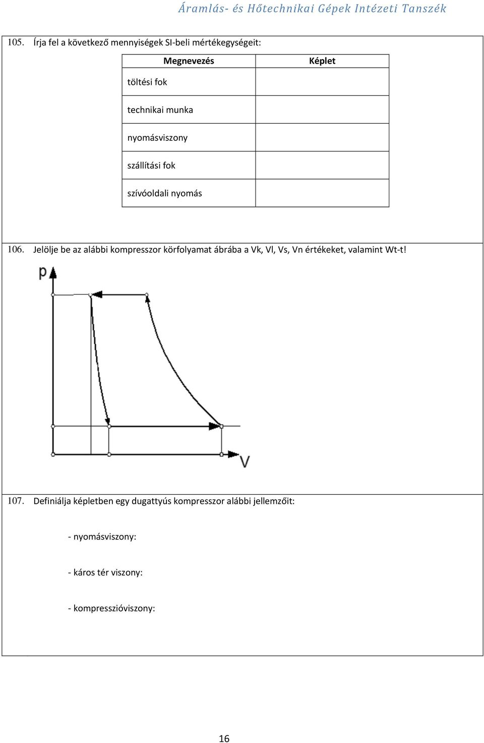 Jelölje be az alábbi kompresszor körfolyamat ábrába a Vk, Vl, Vs, Vn értékeket, valamint Wt t!