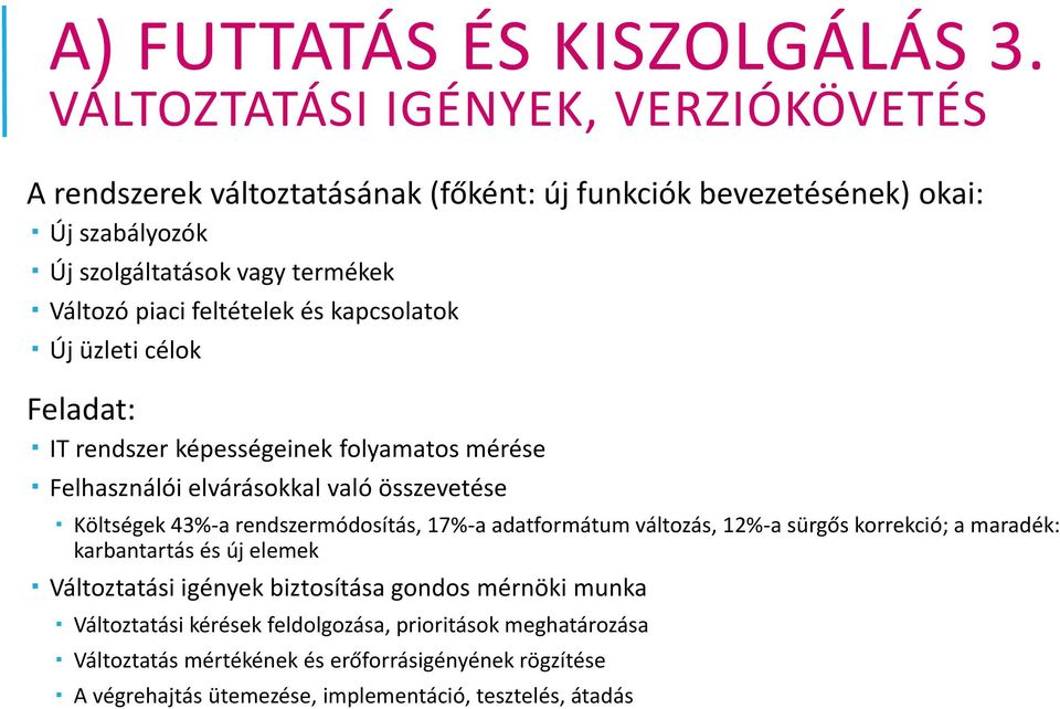 feltételek és kapcsolatok Új üzleti célok Feladat: IT rendszer képességeinek folyamatos mérése Felhasználói elvárásokkal való összevetése Költségek 43%-a rendszermódosítás,