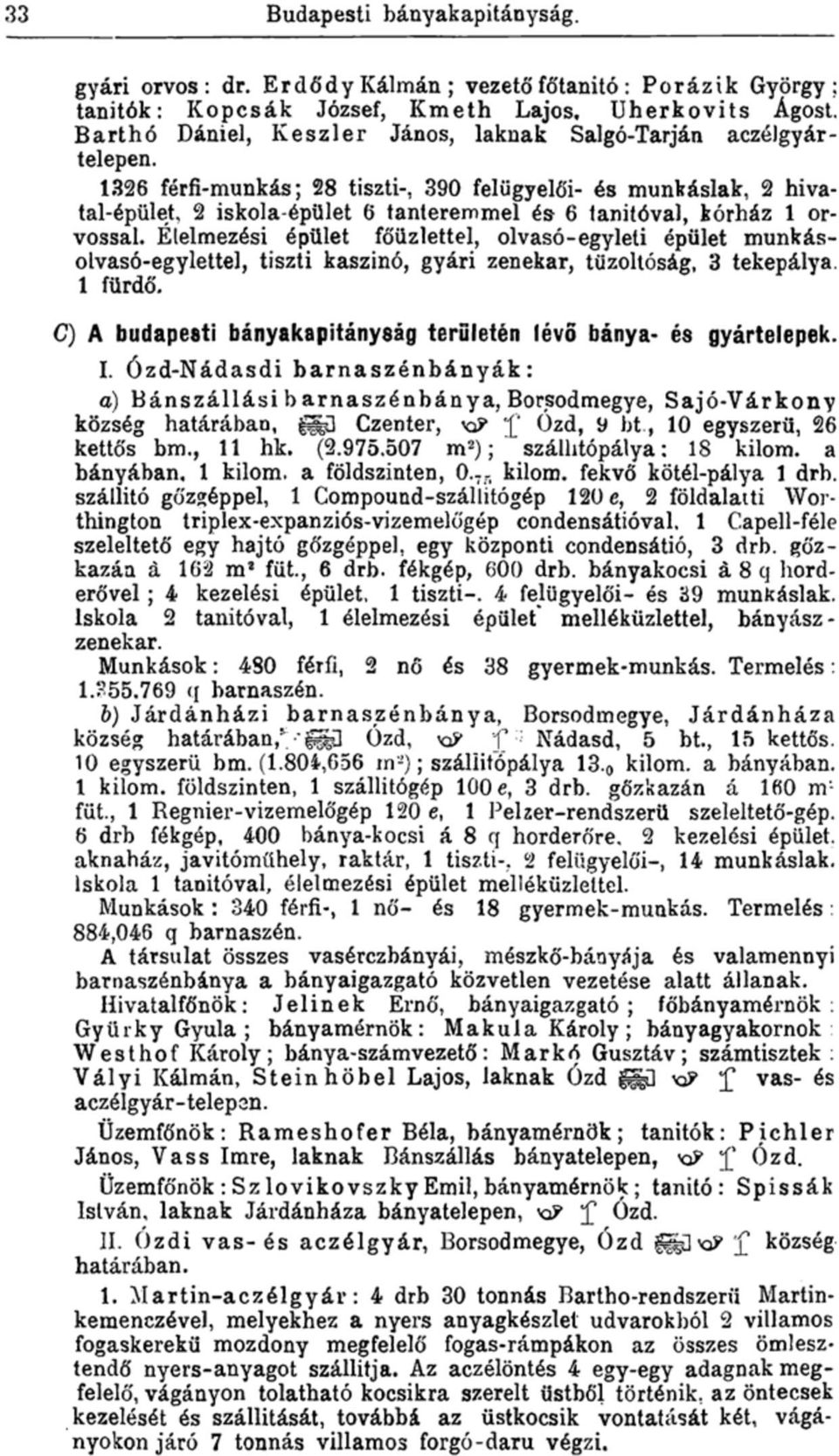 1326 férfi-munkás; 28 tiszti-, 390 felügyelői- és munkáslak, 2 hivatal-épület, 2 iskola-épület 6 tanteremmel és 6 tanítóval, kórház 1 orvossal.