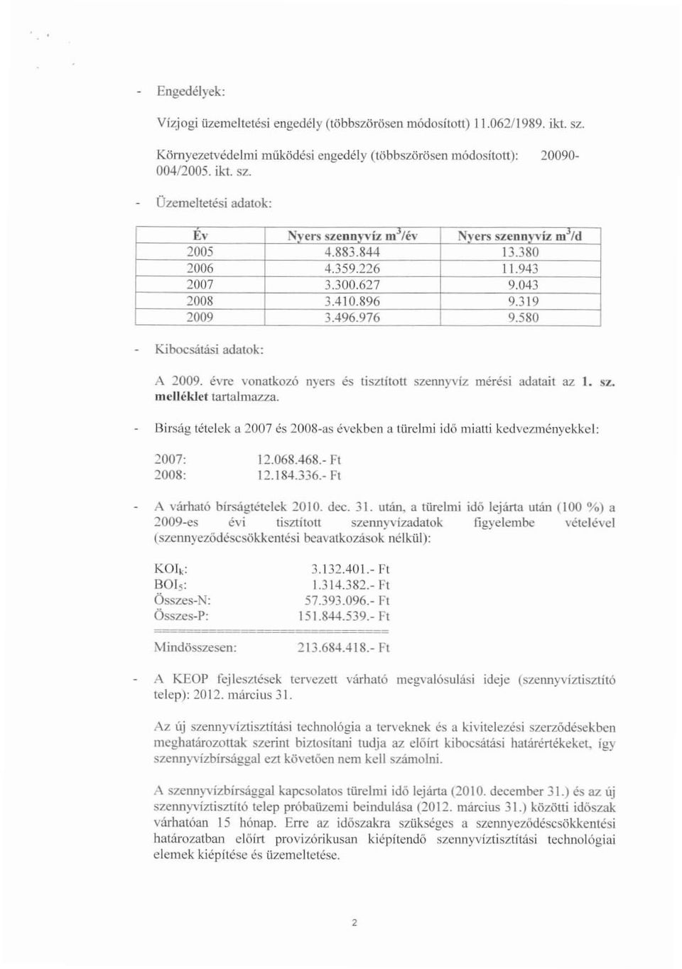 évre vonatkozó nyers és tisztított szennyvíz mérési adatait az I. sz. mellékjet tartalmazza. Birság tételek a 2007 és 2008as években a türelmi idő miani kedvezményekkel: 2007: 2008: 12.068.468. Ft 12.