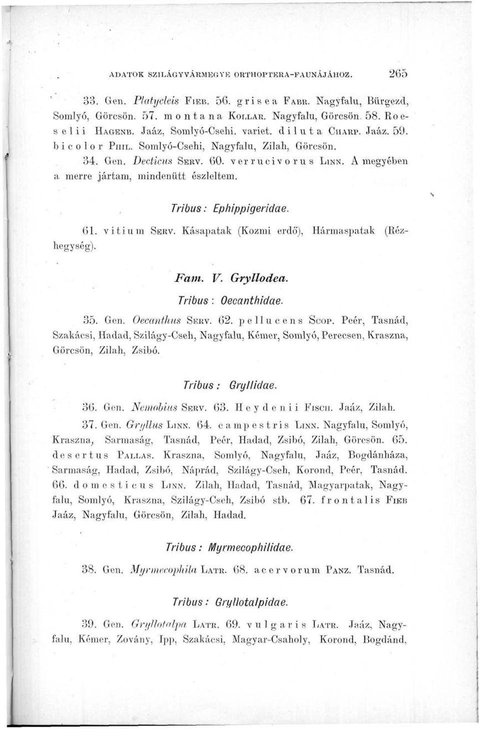 A megyében a merre jártam, mindenütt észleltem. Ephippigerídae. 61. vitium SÉRV. Kásapatak (Kozmi erdő'), Hármaspatak (Rézhegység). Fam. V. Gryllodea. Oecanthidae. 35. Gen. Oecanthus SÉRV. 62.