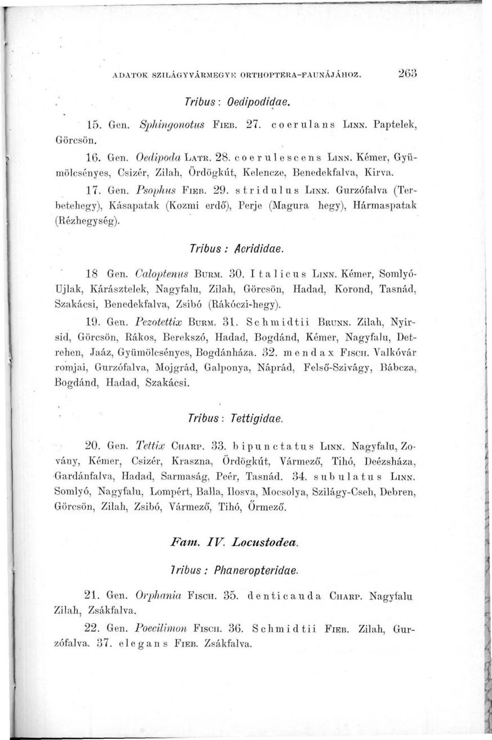 Gurzófalva (Terbetehegy), Kásapatak (Kozmi erdő'), Perje (Magura hegy), Hármaspatak (Rézhegység). Tríbus: ficrídidae. 18 Gen. Caloptenus BURM. 30. Italicus LINN.