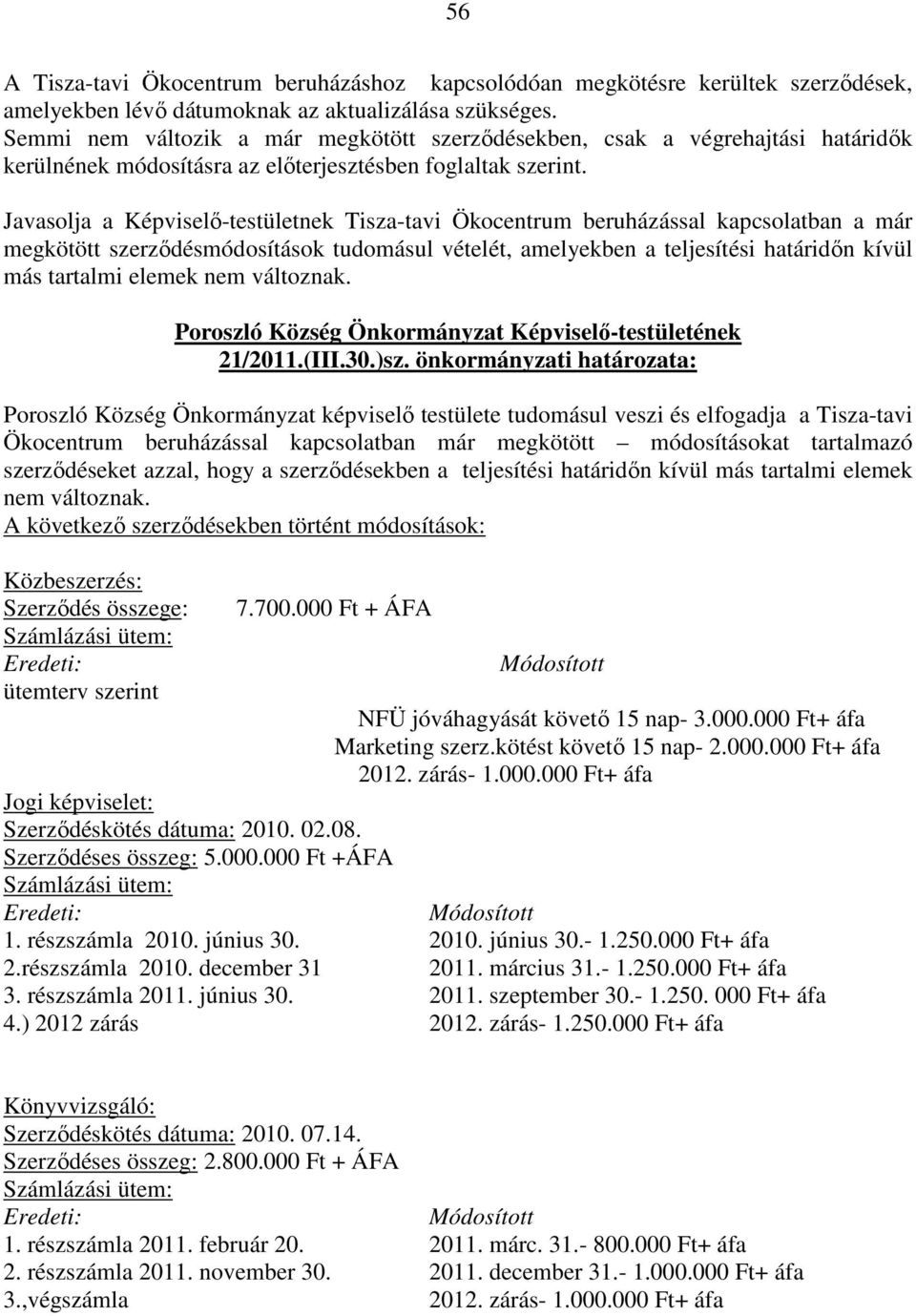 Javasolja a Képviselő-testületnek Tisza-tavi Ökocentrum beruházással kapcsolatban a már megkötött szerződésmódosítások tudomásul vételét, amelyekben a teljesítési határidőn kívül más tartalmi elemek