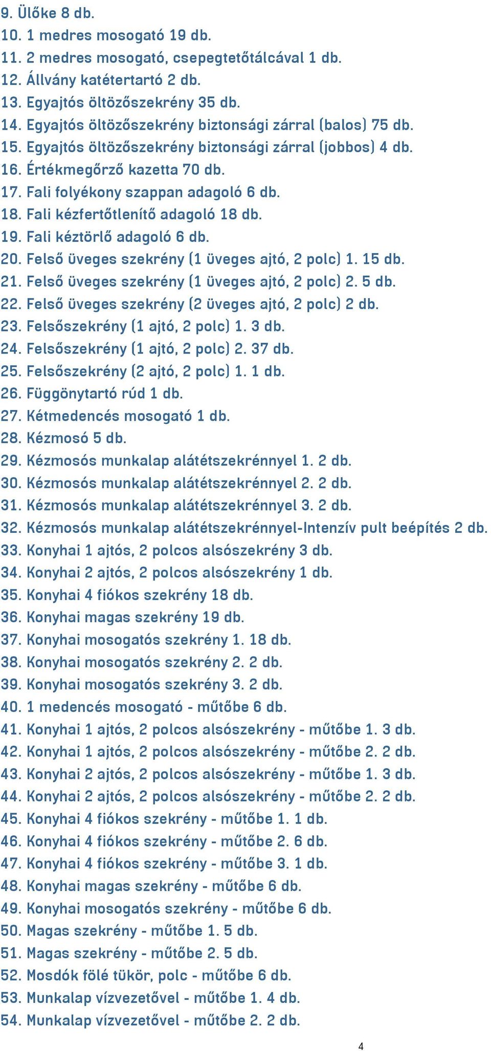 Fali kézfertőtlenítő adagoló 18 db. 19. Fali kéztörlő adagoló 6 db. 20. Felső üveges szekrény (1 üveges ajtó, 2 polc) 1. 15 db. 21. Felső üveges szekrény (1 üveges ajtó, 2 polc) 2. 5 db. 22.