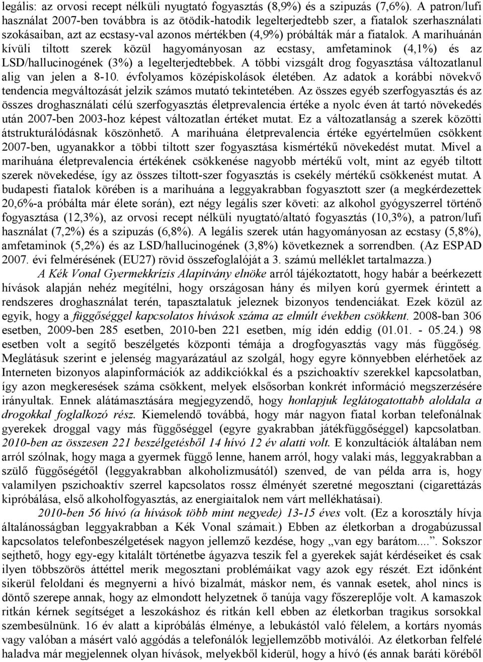 A marihuánán kívüli tiltott szerek közül hagyományosan az ecstasy, amfetaminok (4,1%) és az LSD/hallucinogének (3%) a legelterjedtebbek.