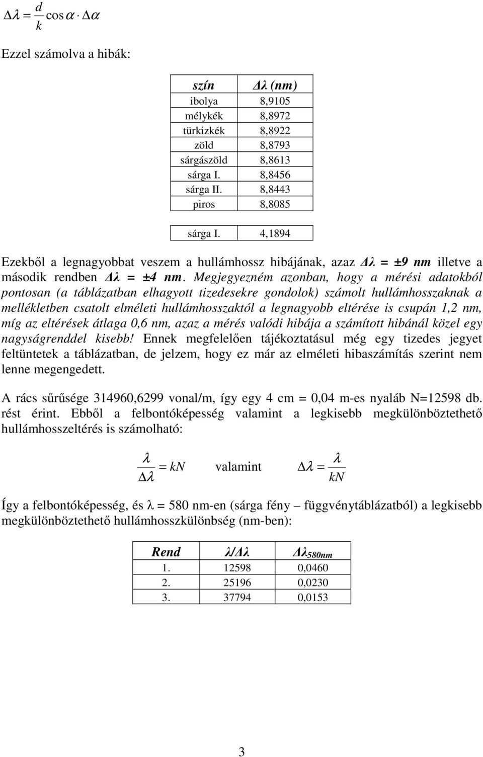 Megjegyezném azonban, hogy a mérési adatokból pontosan (a táblázatban elhagyott tizedesekre gondolok) számolt hullámhosszaknak a mellékletben csatolt elméleti hullámhosszaktól a legnagyobb eltérése