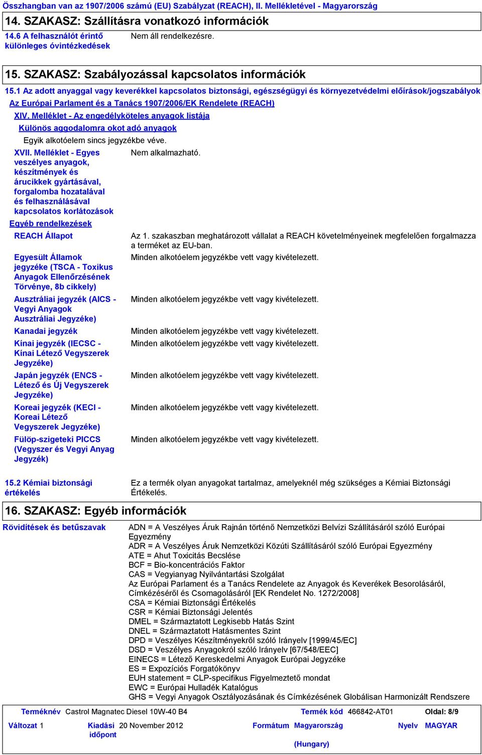 1 Az adott anyaggal vagy keverékkel kapcsolatos biztonsági, egészségügyi és környezetvédelmi előírások/jogszabályok Az Európai Parlament és a Tanács 1907/2006/EK Rendelete (REACH) XIV.
